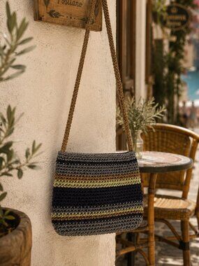 The Sak Striped Crochet Crossbody Bag - Gray, Navy & Tan - Small Woven Bag - EUC